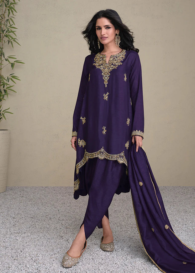 Purple Embroidered Tulip Pant Style Suit