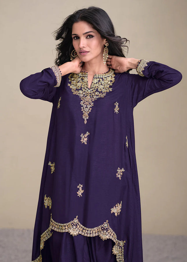 Purple Embroidered Tulip Pant Style Suit