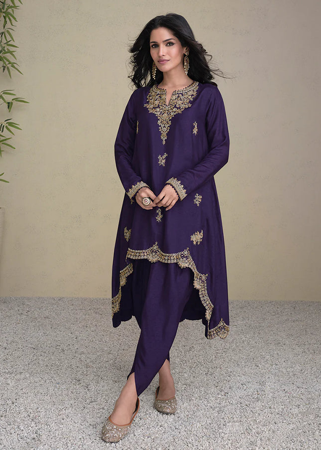 Purple Embroidered Tulip Pant Style Suit