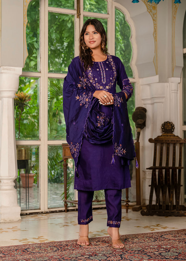 Purple Embroidered Pant Style Suit