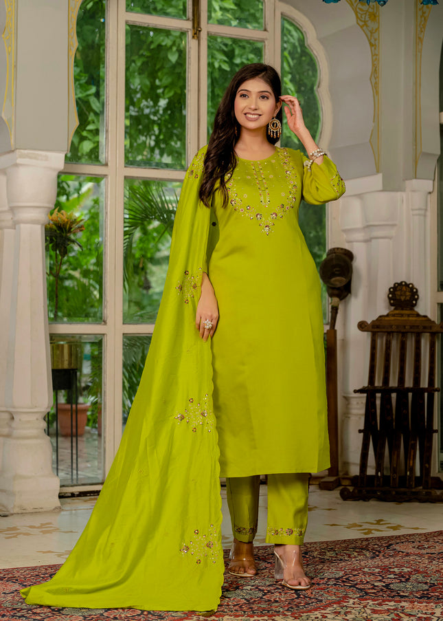 Light Green Embroidered Pant Style Suit