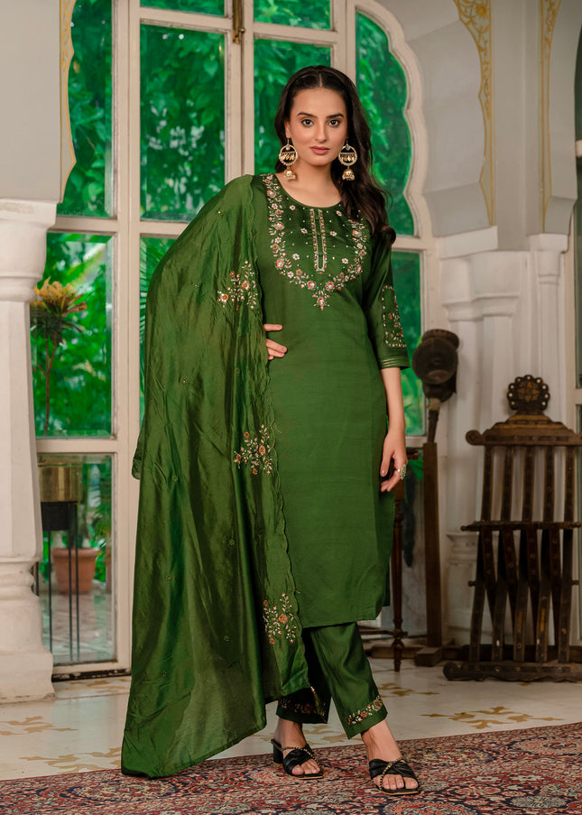 Green Embroidered Pant Style Suit
