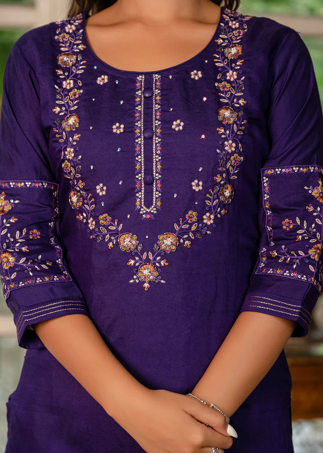 Purple Embroidered Pant Style Suit