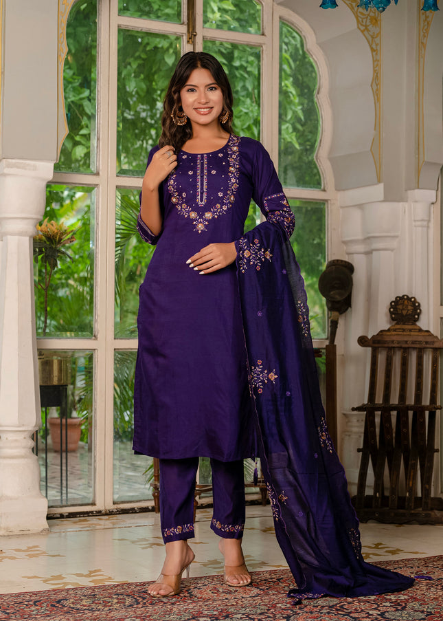 Purple Embroidered Pant Style Suit