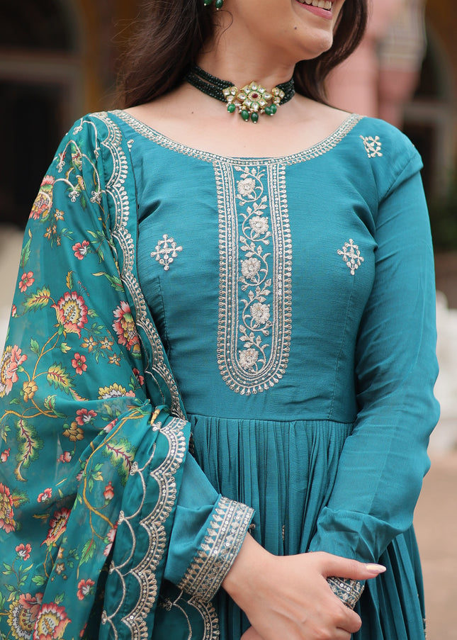 Teal Embroidered Anarkali Gown