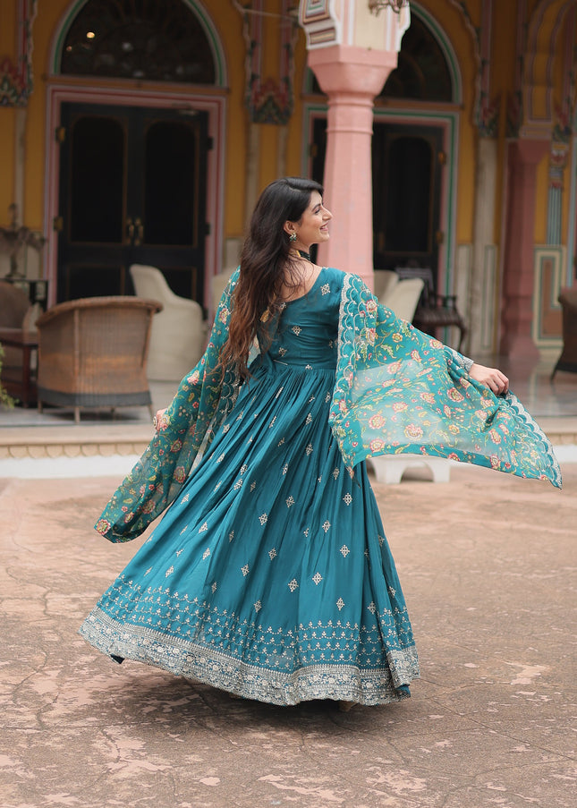 Teal Embroidered Anarkali Gown