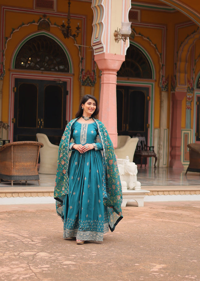 Teal Embroidered Anarkali Gown