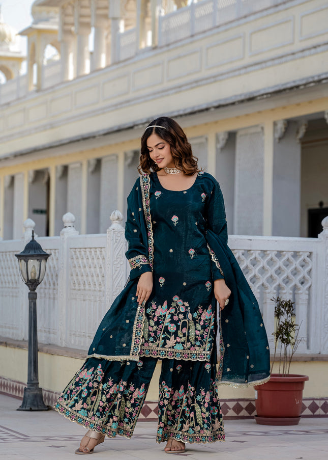 Teal Embroidered Gharara Suit