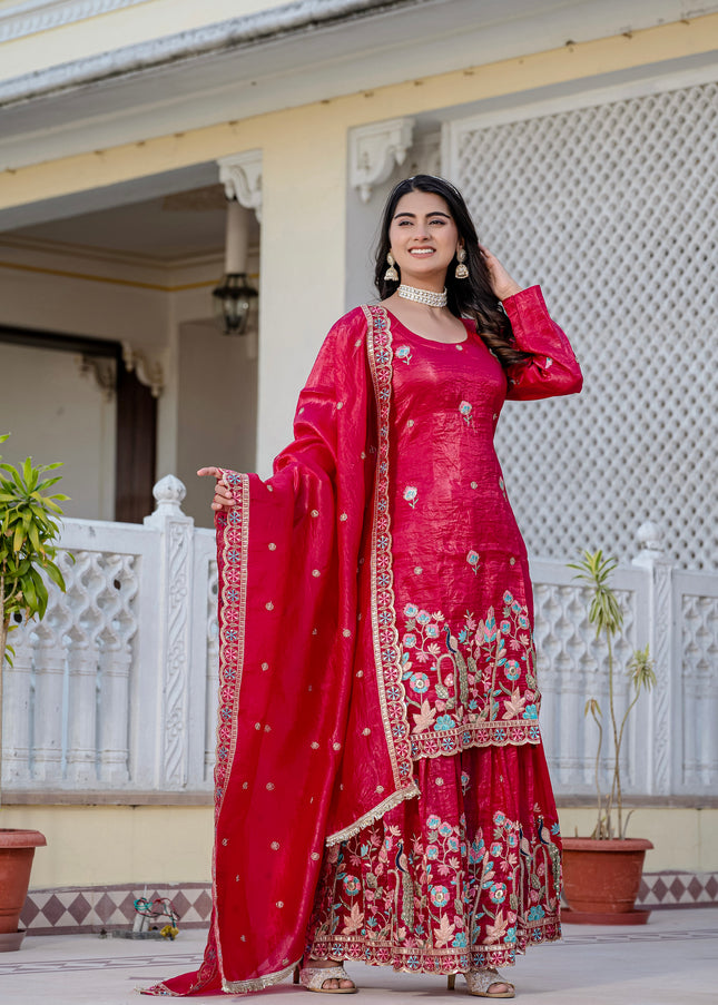 Red Embroidered Gharara Suit