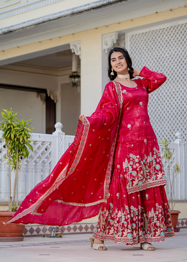 Red Embroidered Gharara Suit