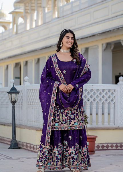 Purple Embroidered Gharara Suit