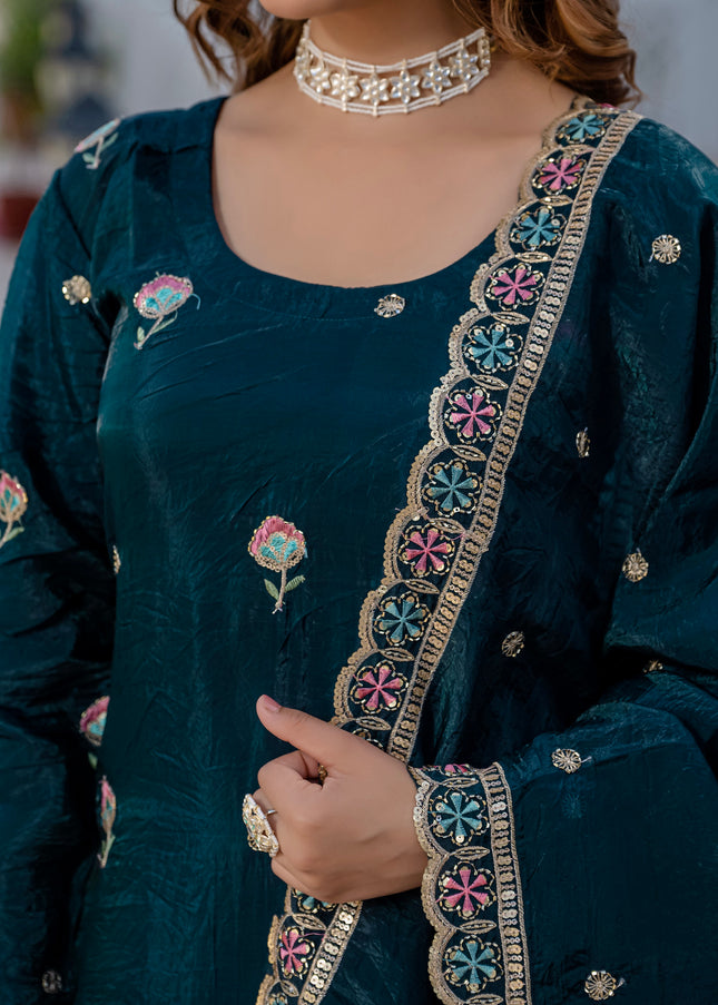 Teal Embroidered Gharara Suit