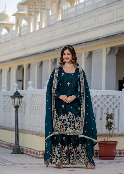 Teal Embroidered Gharara Suit