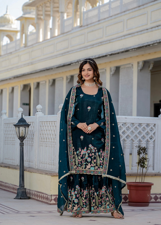 Teal Embroidered Gharara Suit
