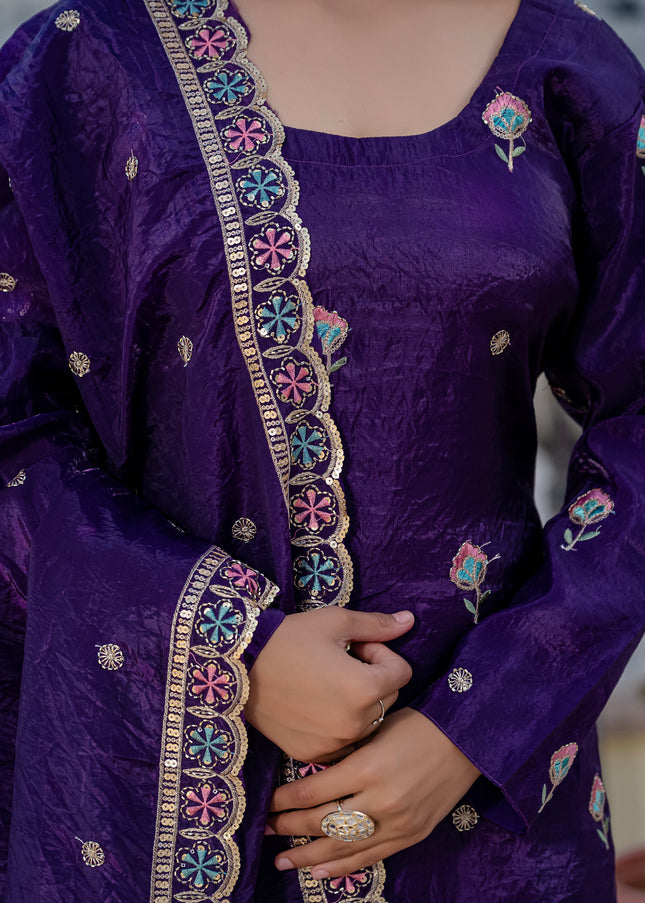 Purple Embroidered Gharara Suit