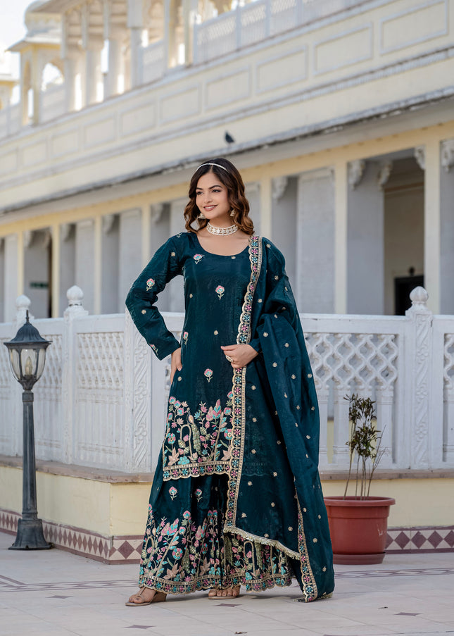 Teal Embroidered Gharara Suit