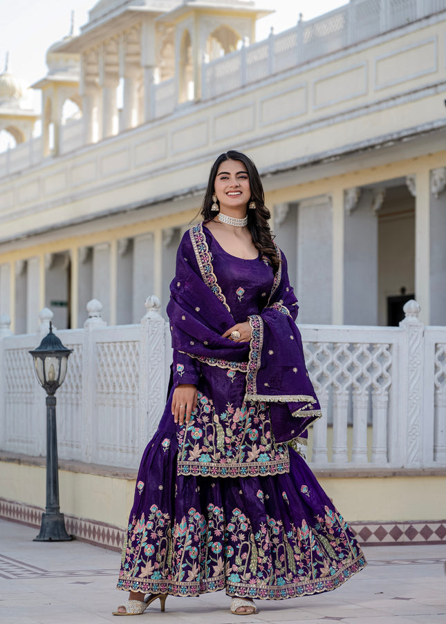 Purple Embroidered Gharara Suit