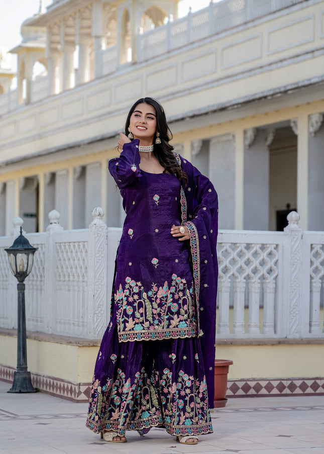 Purple Embroidered Gharara Suit