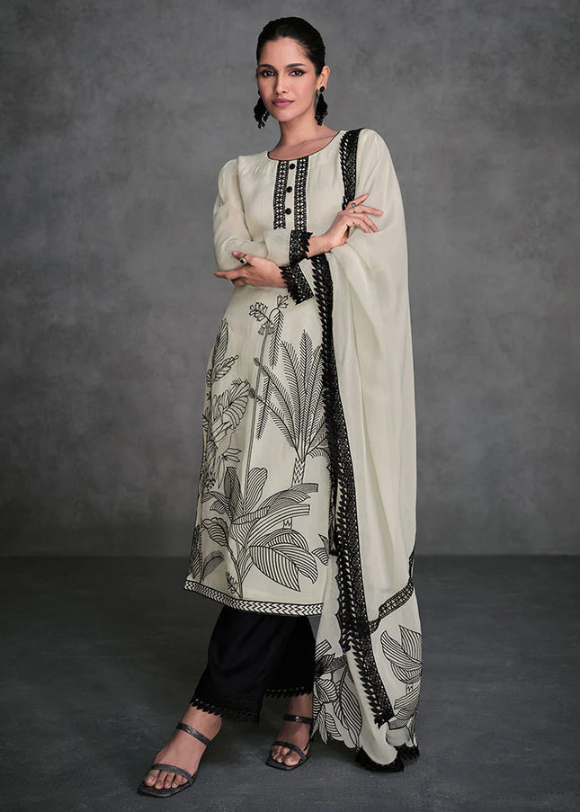 White and Black Embroidered Pant Style Suit