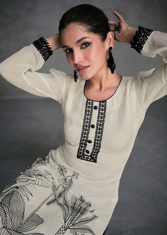 White and Black Embroidered Pant Style Suit