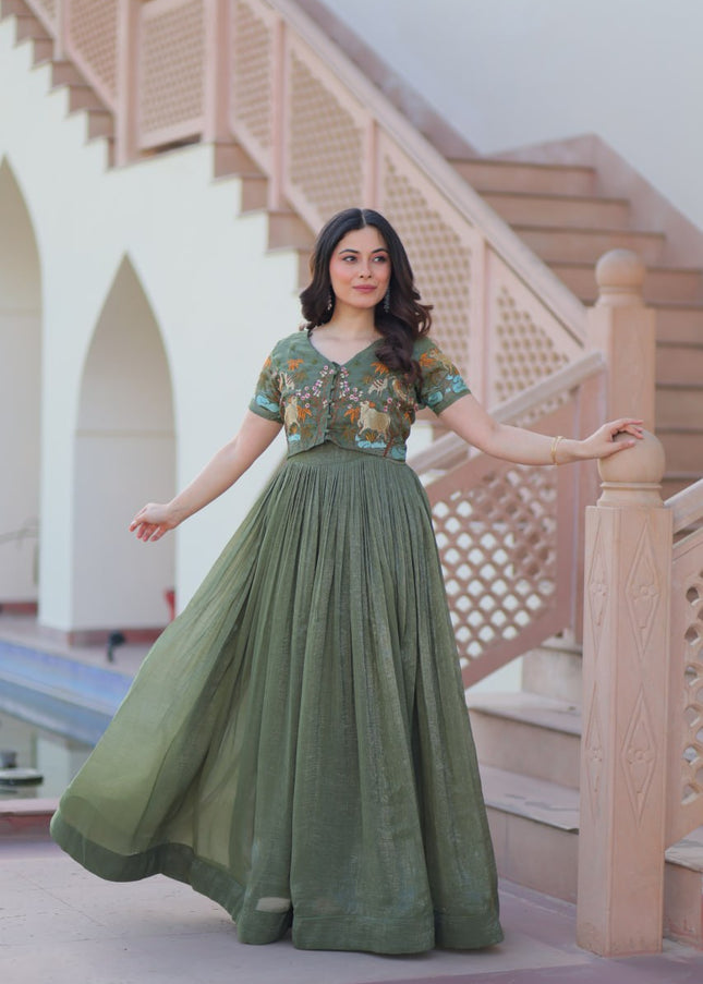 Sea Green Embroidered Jacket Style Anarkali Gown