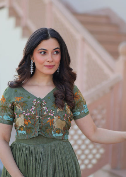 Sea Green Embroidered Jacket Style Anarkali Gown