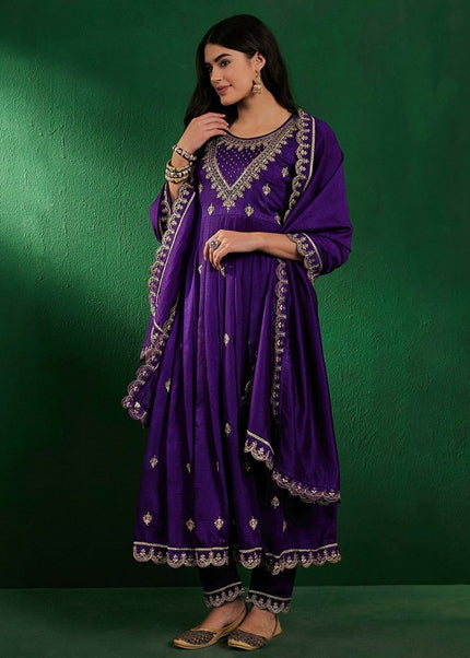 Purple Embroidered Pant Style Suit