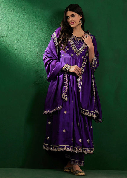 Purple Embroidered Pant Style Suit