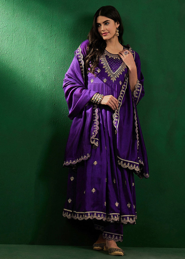 Purple Embroidered Pant Style Suit