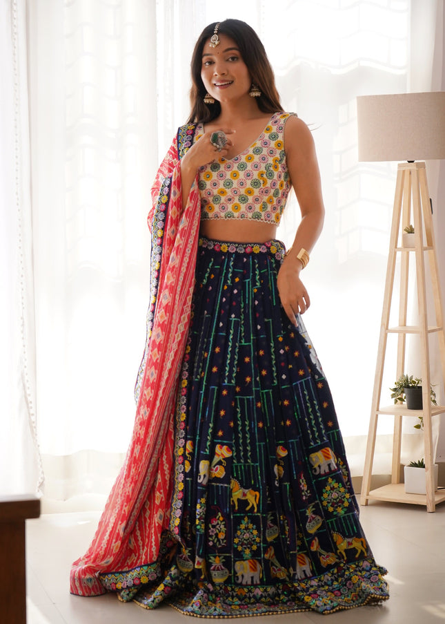 Cream and Blue Embroidered Lehenga Choli