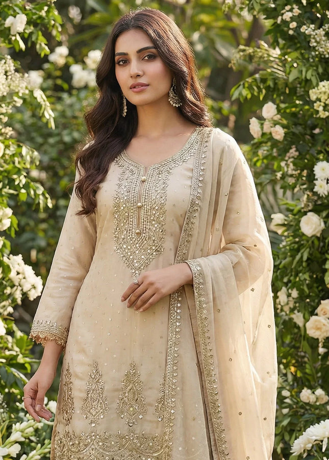 Cream Embroidered Sharara Suit