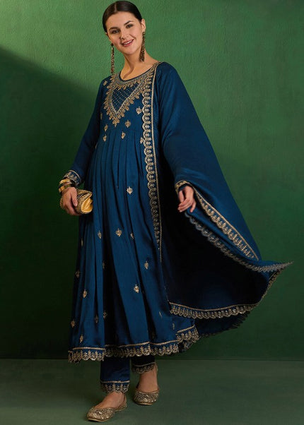 Blue Embroidered Pant Style Suit