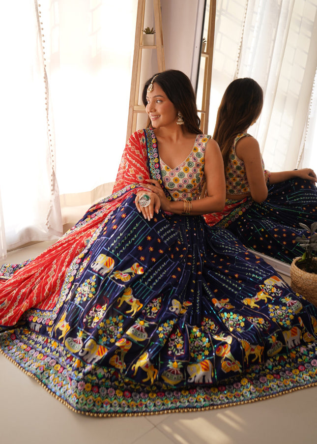 Cream and Blue Embroidered Lehenga Choli