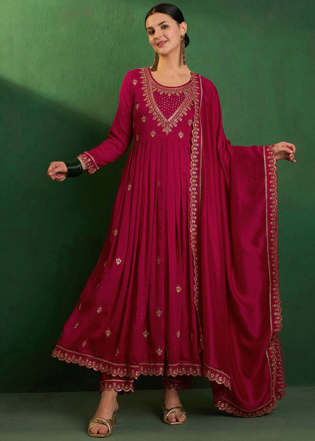 Maroon Embroidered Pant Style Suit