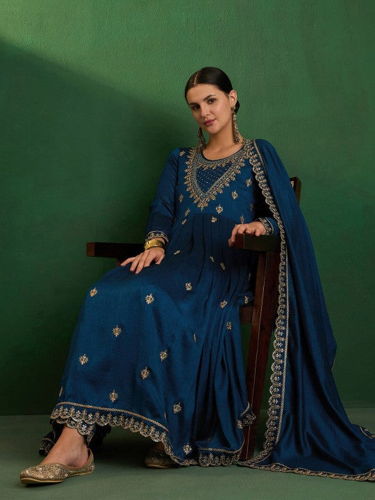 Blue Embroidered Pant Style Suit