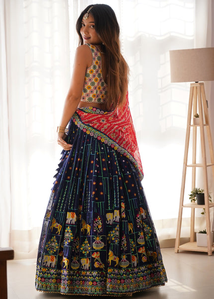Cream and Blue Embroidered Lehenga Choli