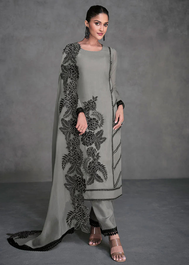 Grey Embroidered Pant Style Suit