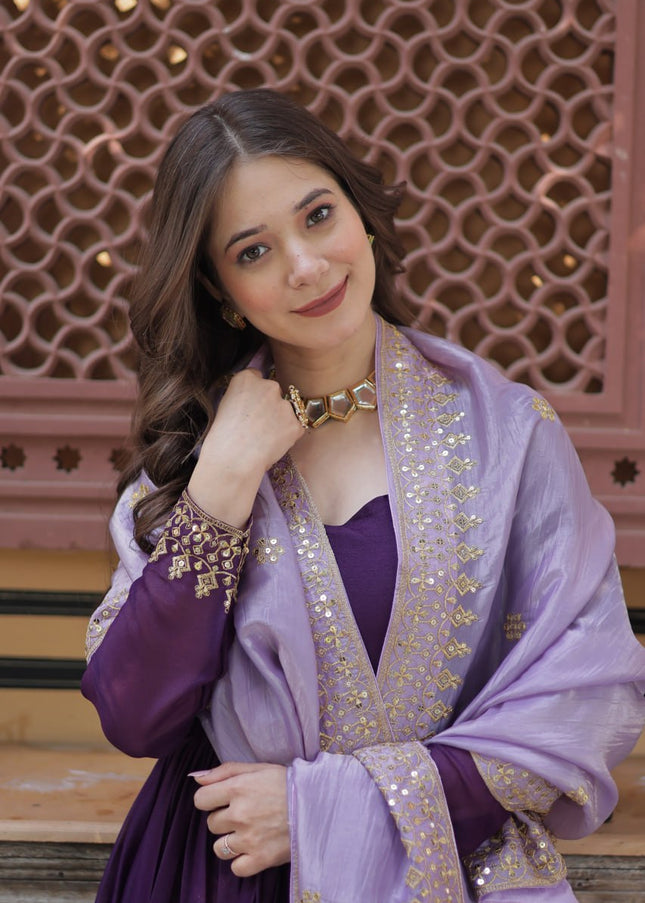 Purple and Lavender Embroidered Anarkali Gown