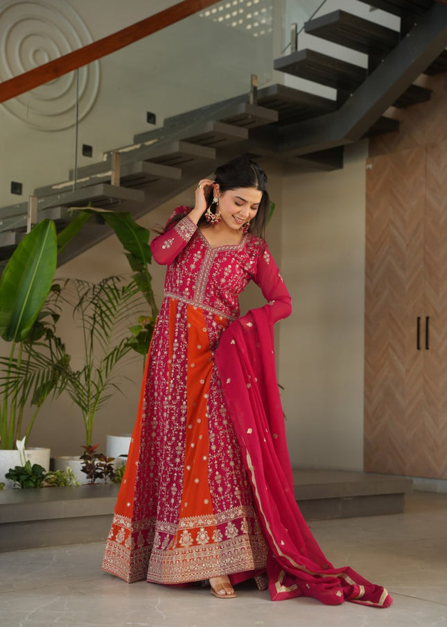 Pink and Orange Embroidered Anarkali Gown