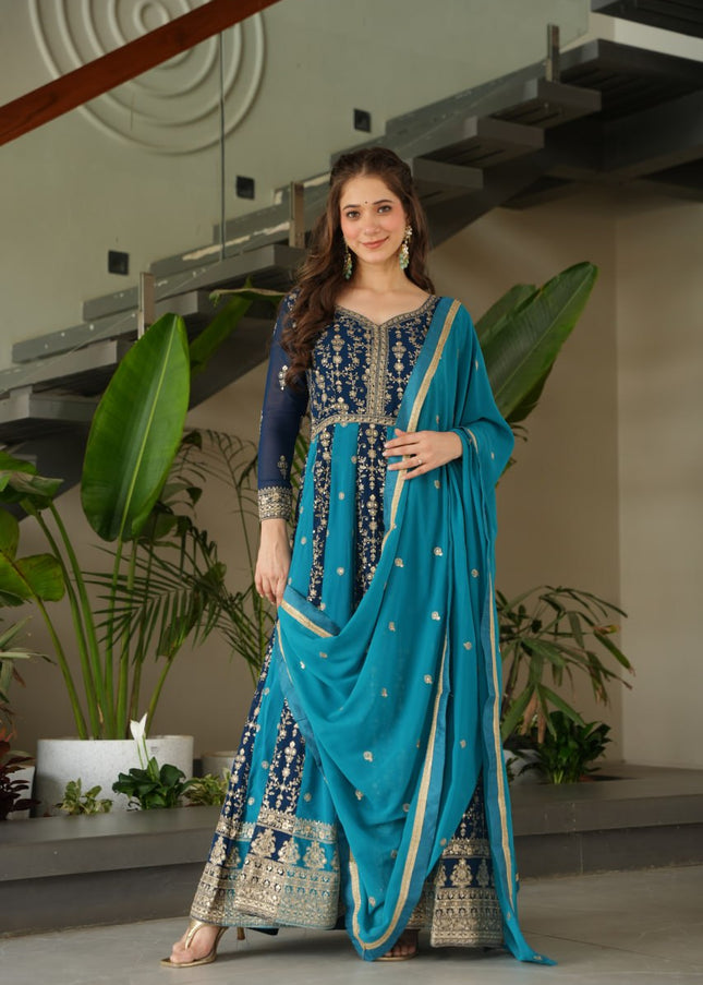Navy Blue and Teal Embroidered Anarkali Gown