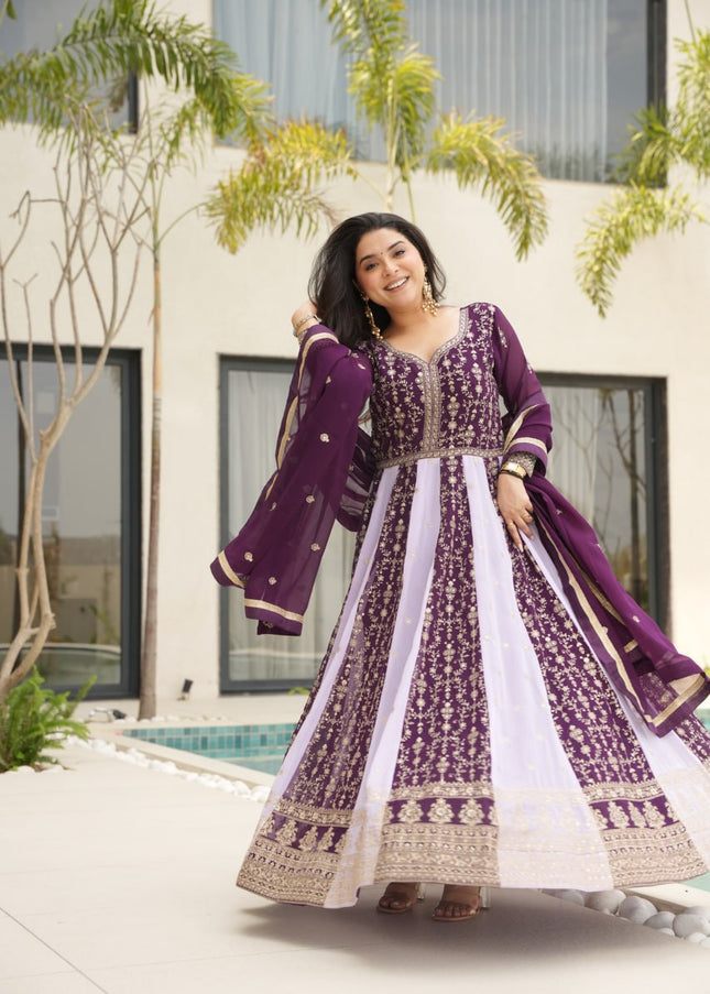 Purple and Offwhite Embroidered Anarkali Gown