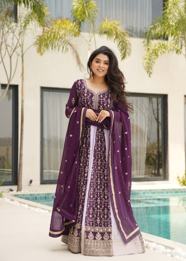 Purple and Offwhite Embroidered Anarkali Gown