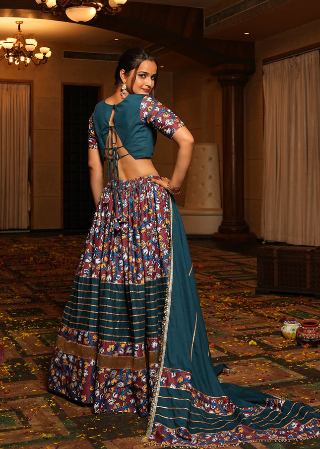 Teal and Maroon Printed and Embroidered Lehenga Choli