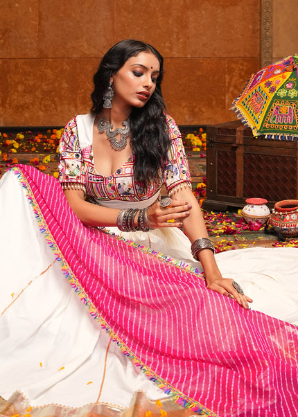 Offwhite and Pink Embroidered Lehenga Choli