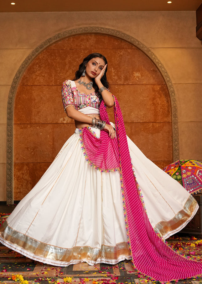 Offwhite and Pink Embroidered Lehenga Choli