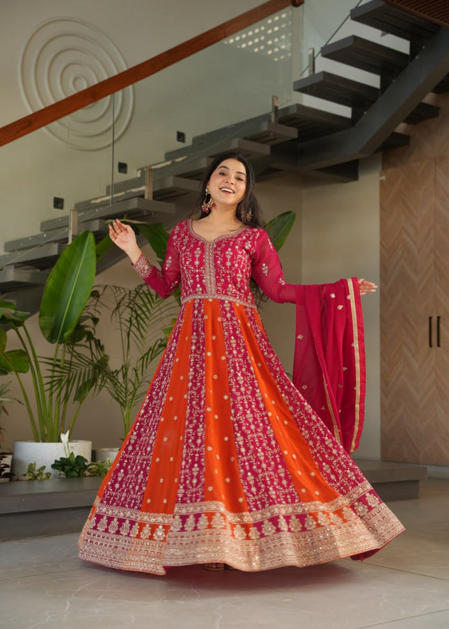 Pink and Orange Embroidered Anarkali Gown