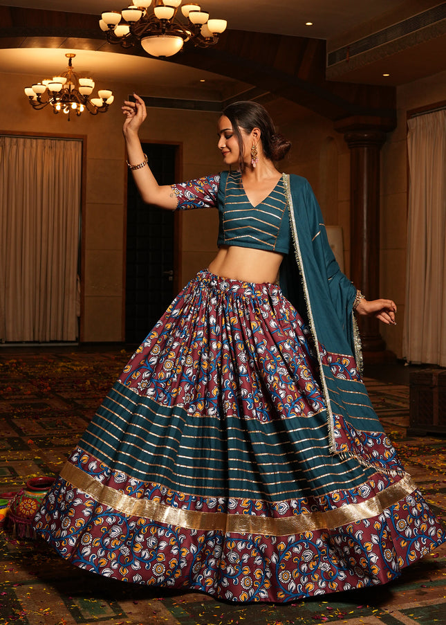 Teal and Maroon Printed and Embroidered Lehenga Choli