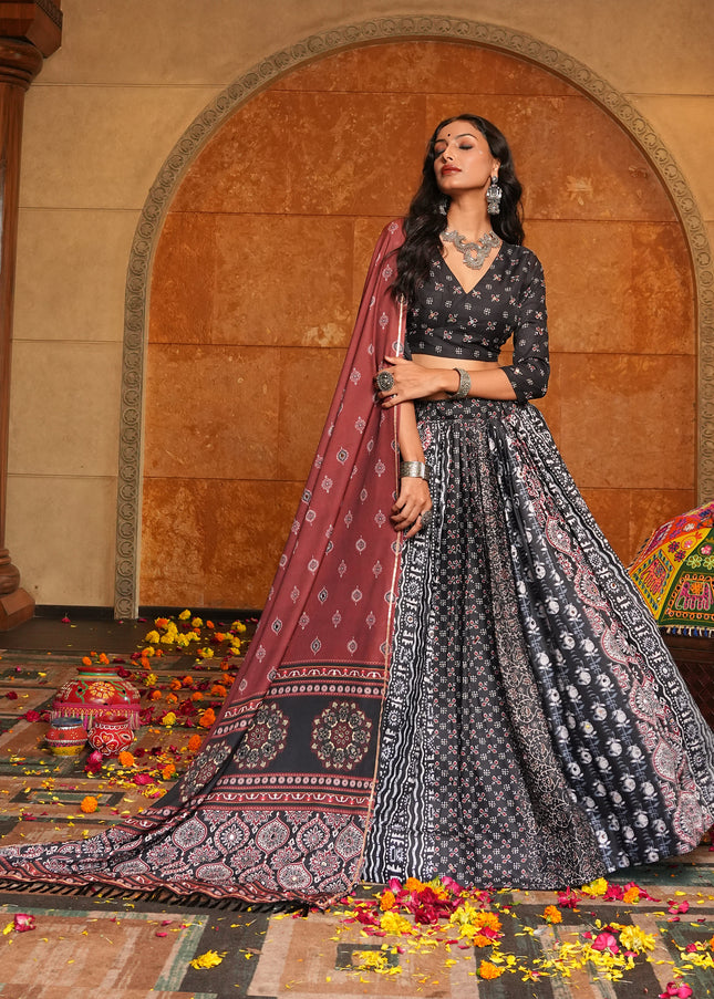 Black Multicolor Printed and Embroidered Lehenga Choli