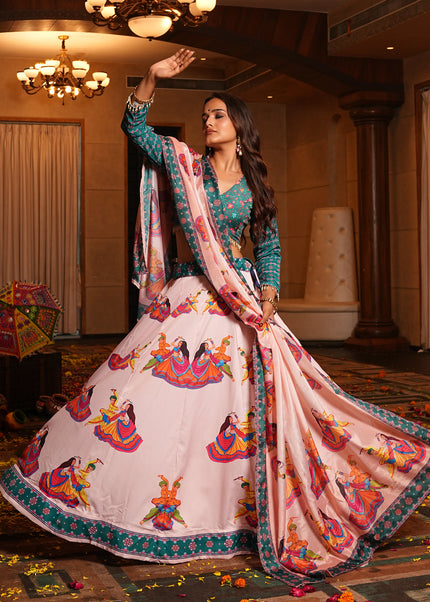 Teal and Cream Embroidered Lehenga Choli