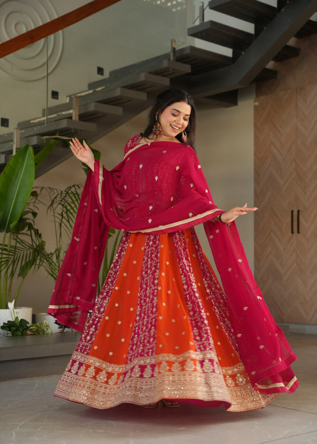 Pink and Orange Embroidered Anarkali Gown